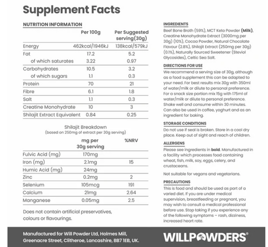 Image Title Willpowders Milk Chocolate Protein Powder with Shilajit and Monocreatine
